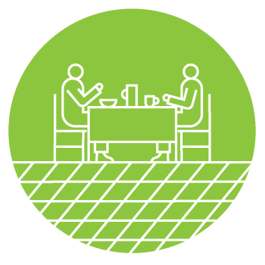 En rund och grön logga med två människor som äter