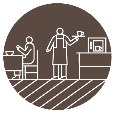 En rund brun logga med en servitör och en kund