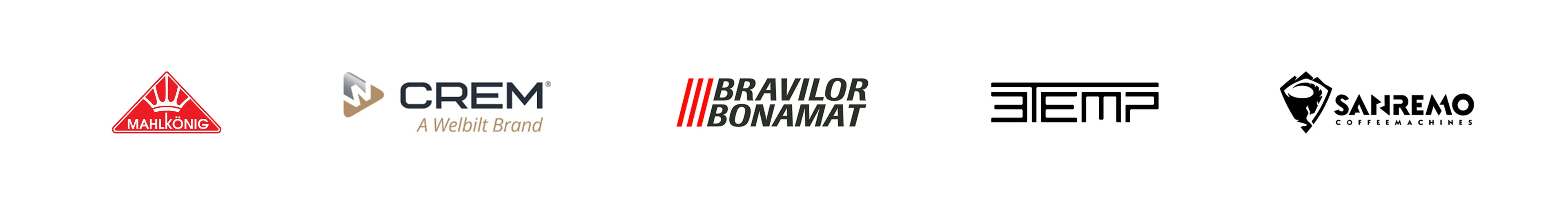 Logoene til Mahlkonig, CREM, Bravilor og Sanremo