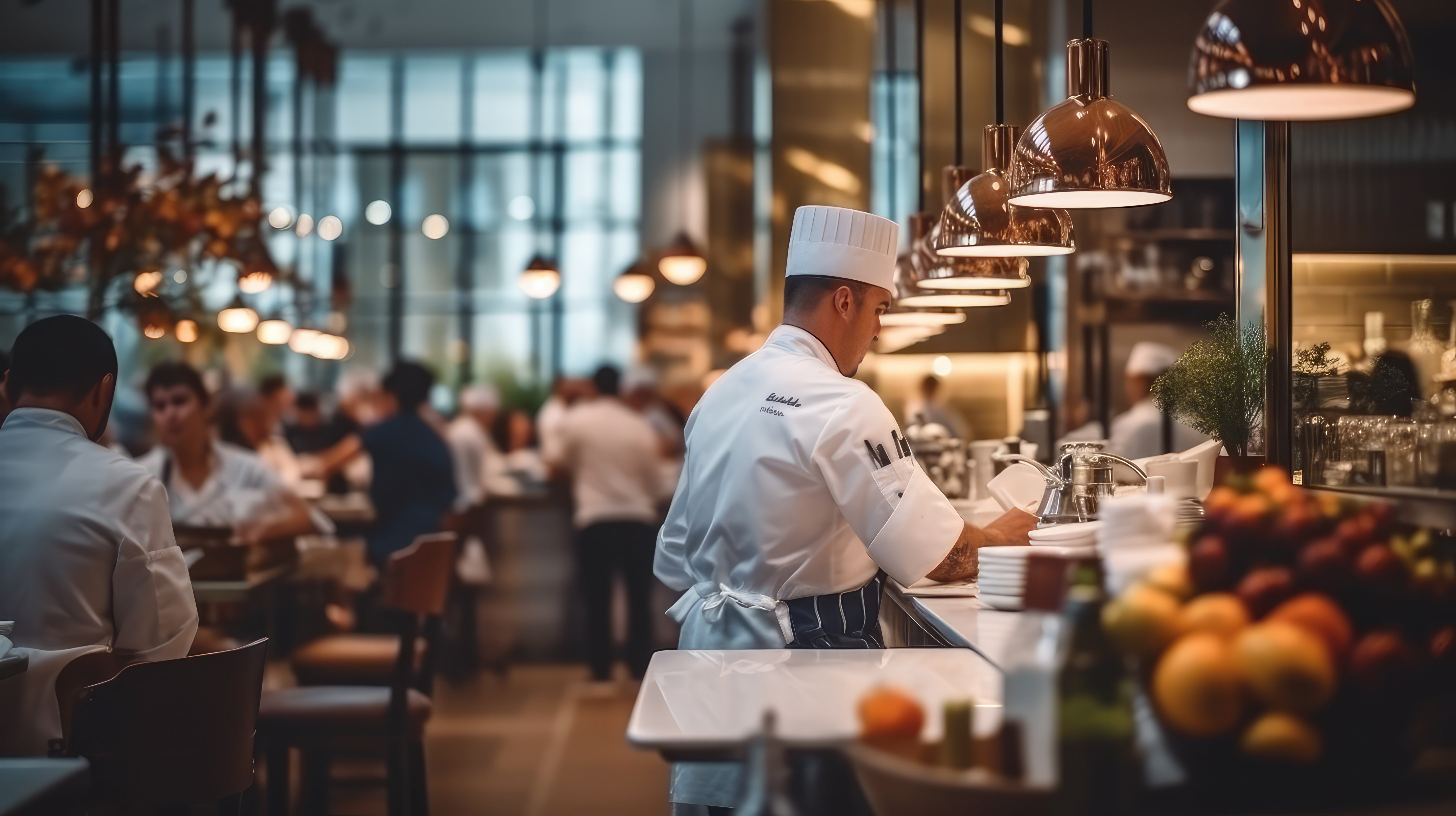 En restaurang med sittande kunder som njuter av sina måltider och en kock som står vid disken