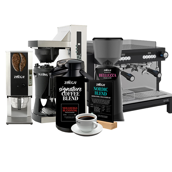 Kaffekvarn, bryggare, espressomaskin och termos