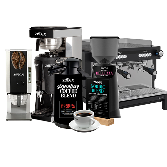 Kaffekvarn, bryggare, espressomaskin och termos