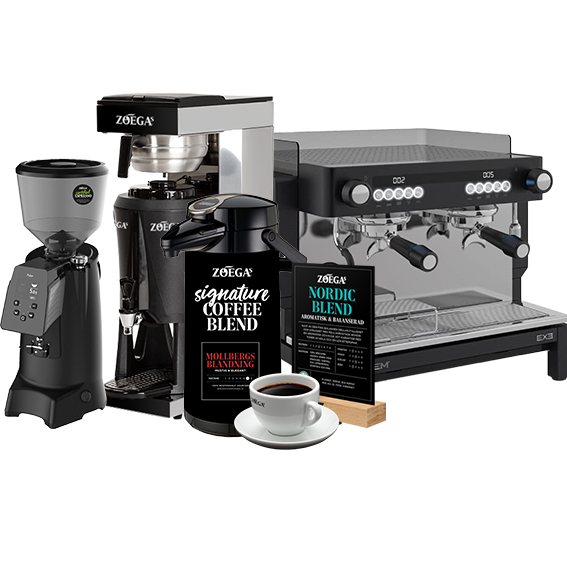 Kaffekvarn, bryggare, espressomaskin och termos