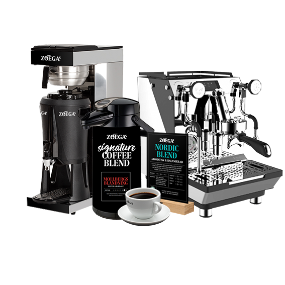 Kaffebryggare, termos, kaffekopp och espressomaskin