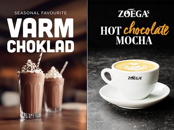 Zoégas reklametavle med varm sjokolade