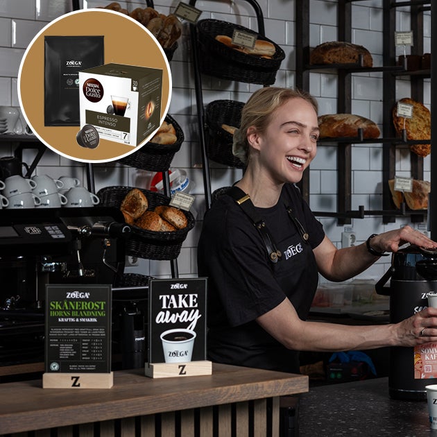 Zoégas-disk med bageri och professionell kaffemaskin.