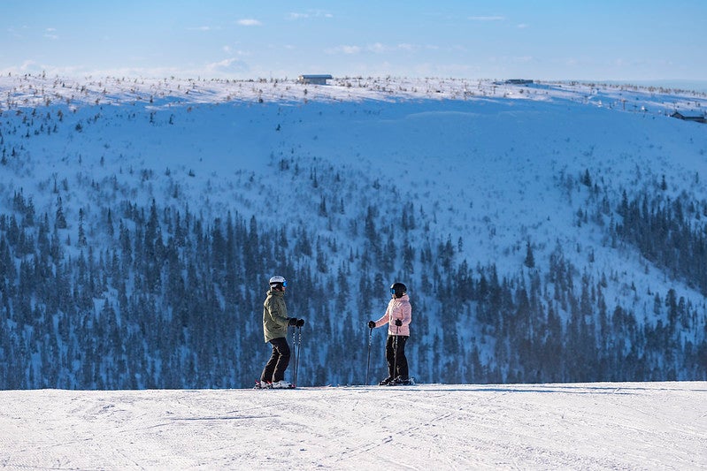 skidåkare i skidbacke skistar