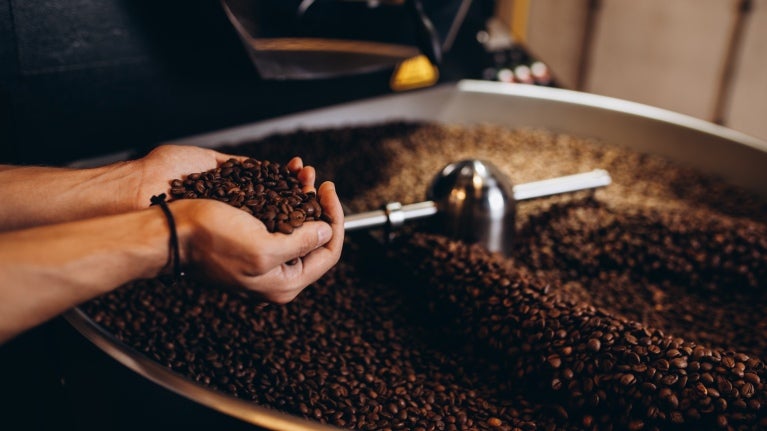 En hand full av kaffebönor med en kaffekvarn i bakgrunden
