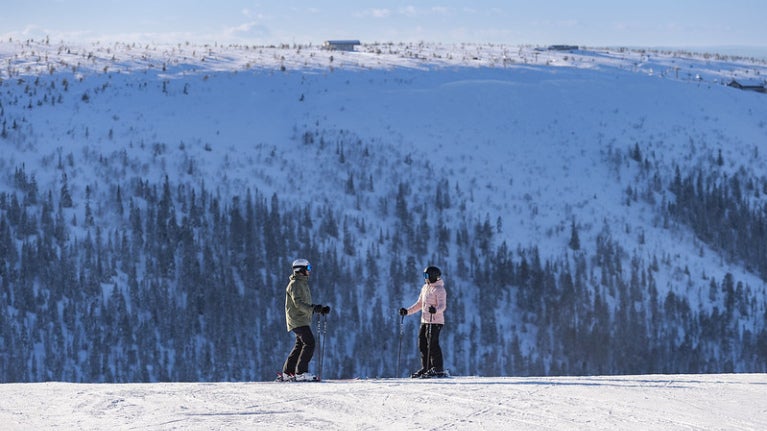 skidåkare i skidbacke skistar