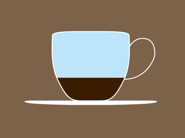 Kaffekoppssymbol i brunt och blått.