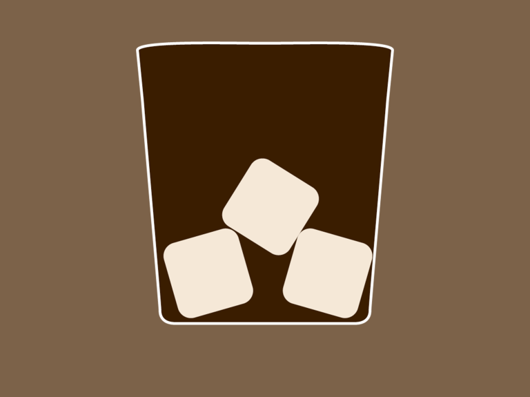 Symbol för kopp i brunt med isbitar i beige.
