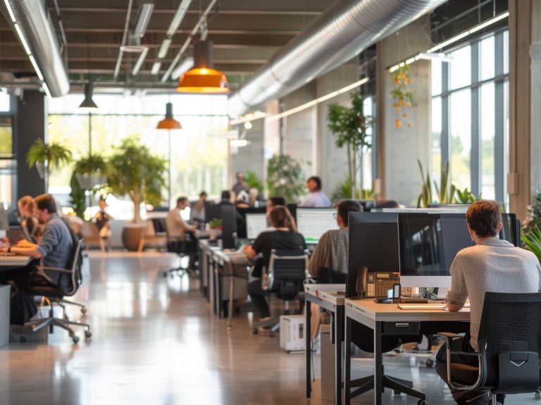 öppet kontorslandskap där alla sitter vid sitt eget skrivbord