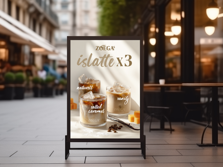 poster med zoegas islatte på gata utanför cafe