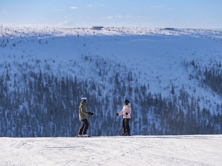 skidåkare i skidbacke skistar