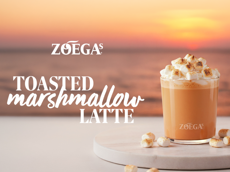 zoegas toasted marshmallow latte mot solnedgång