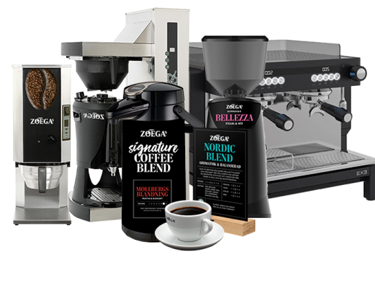 Kaffekvarn, bryggare, espressomaskin och termos