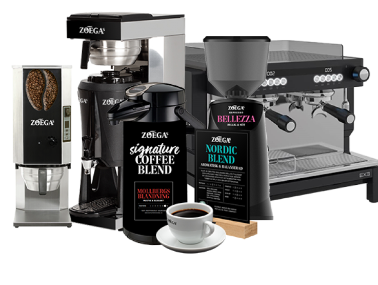 Kaffekvarn, bryggare, espressomaskin och termos