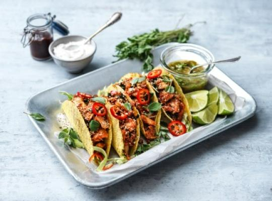 SPRÖDA TACOS MED SENSATIONAL™ FILLET PIECES MARINERADE I MOLE-SÅS, GRÖNKÅL OCH SALSA VERDE