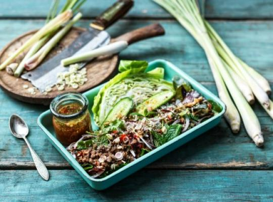 LARB-SALLAD FRÅN NORRA THAILAND MED WOKAD VEGAN MINCE, KRYDDIG NAM JIM-DRESSING, ÖRTER, KÅL OCH GURKA