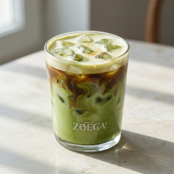 dirty icved matcha latte i zoegas glas