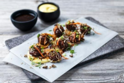 TAKOYAKI VEGAN BALLS I SVAMPSÅS, VATTENKRASSESALLAD, TORKAD KARL JOHAN-SVAMP OCH SESAM